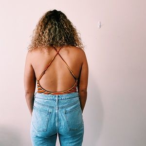 striped halter neck cross back bodysuit